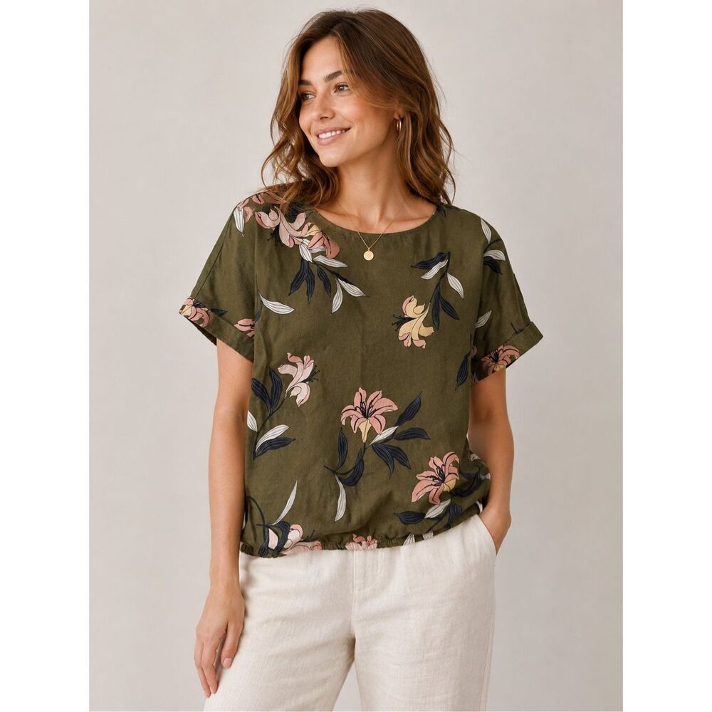 Liz Claiborne Floral Linen Blend Blouse Olive Green Women’s Small